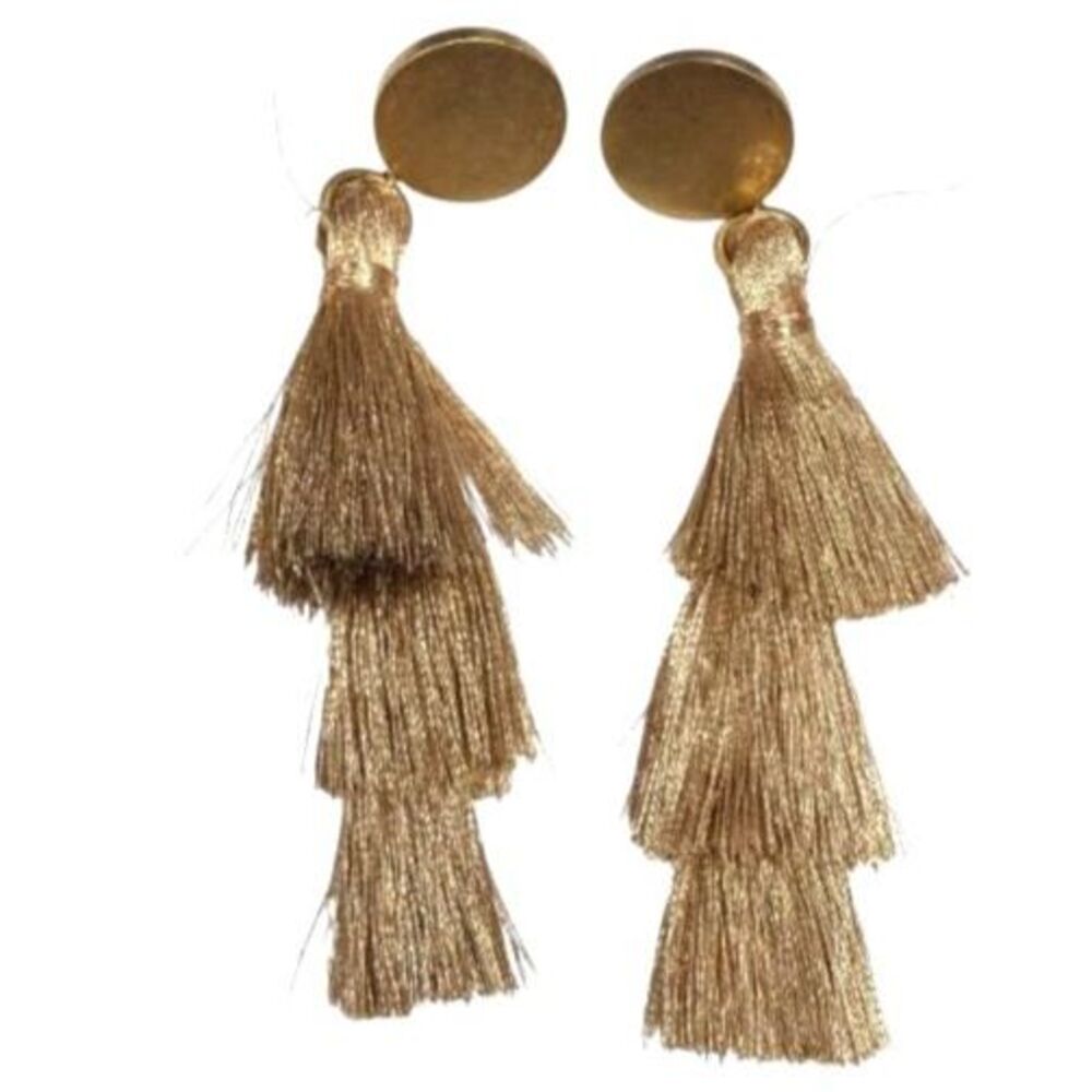 J.Crew Metallic Gold Three Tier Silky Fringe Tassel Post Style Drop Earrings
